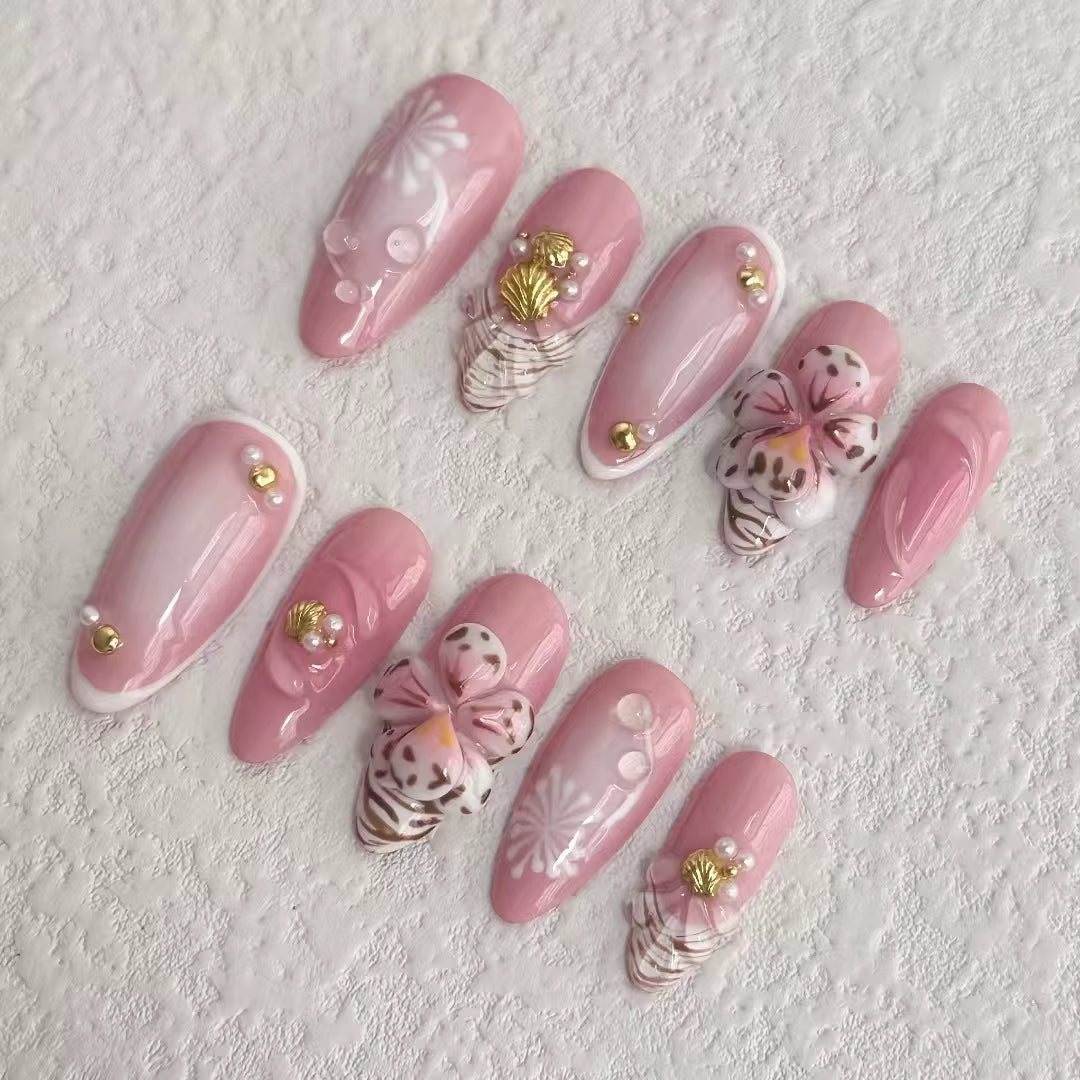 10 Pcs Press on Nails Handmade Nials INS Y2K Best Seller Fake Nails with Nails File Pink 3D Flower Press on New