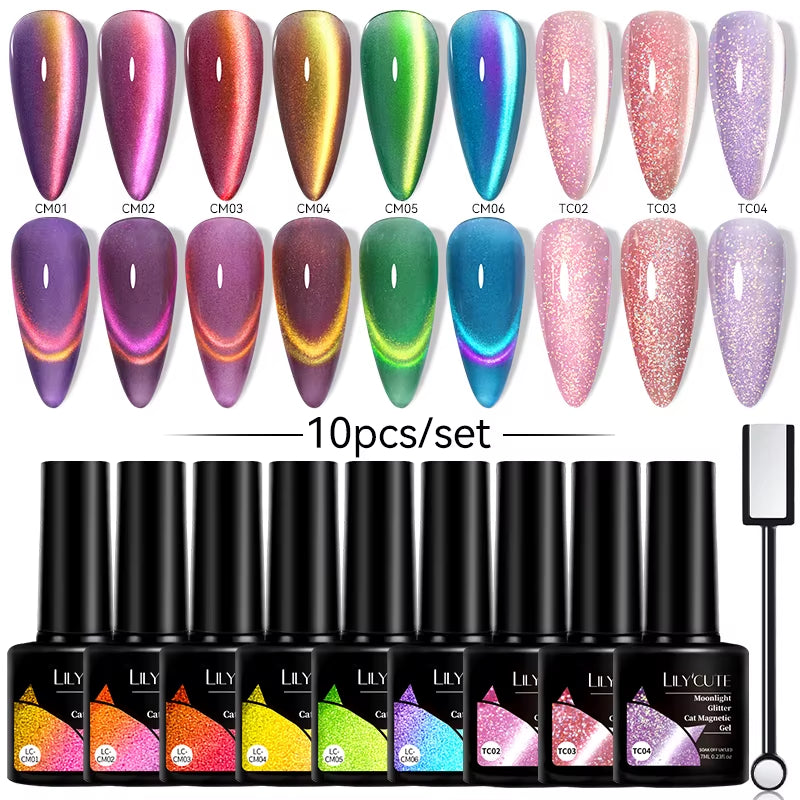 10PCS/SET Gel Nail Polish 9D Reflective Glitter Cat Magnetic Gel Set with Magnetic Stick Soak off Nail Art Varnish