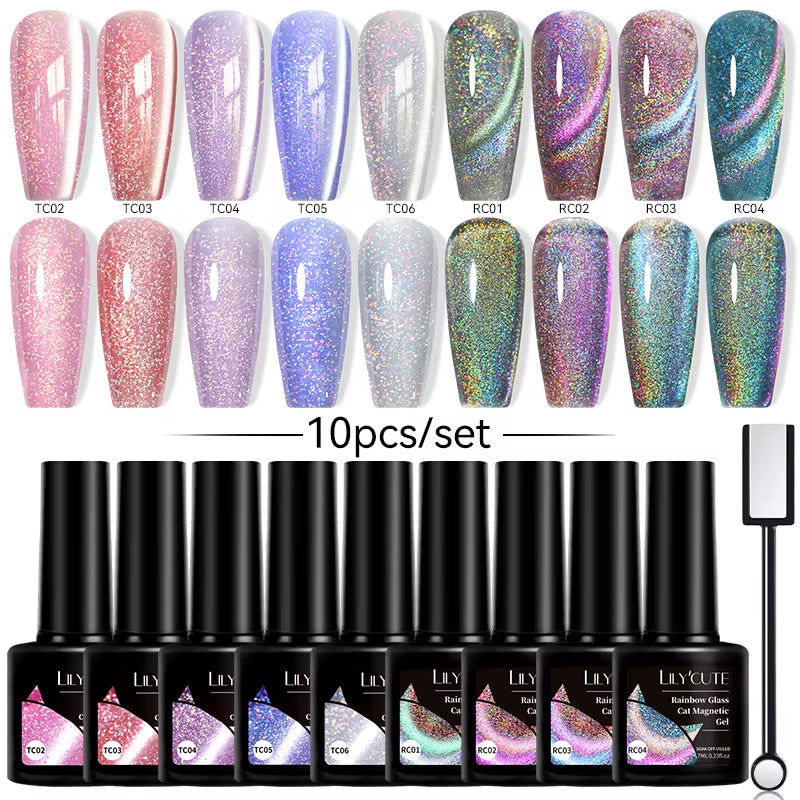 10PCS/SET Gel Nail Polish 9D Reflective Glitter Cat Magnetic Gel Set with Magnetic Stick Soak off Nail Art Varnish