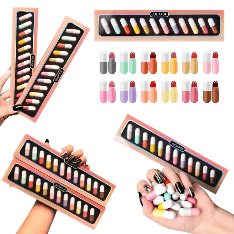Capsule Lipstick Set New Mini 12-Color Waterproof Non-Stick Cup Carry Pill Lipstick Novelty Lips Makeup DIY Lipstick for Women