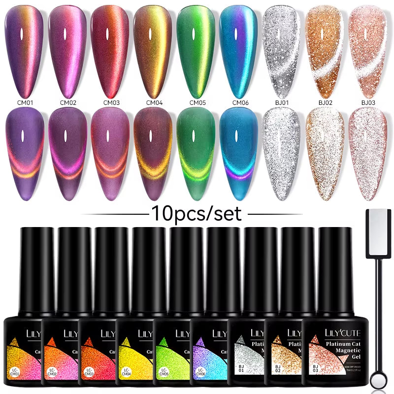 10PCS/SET Gel Nail Polish 9D Reflective Glitter Cat Magnetic Gel Set with Magnetic Stick Soak off Nail Art Varnish