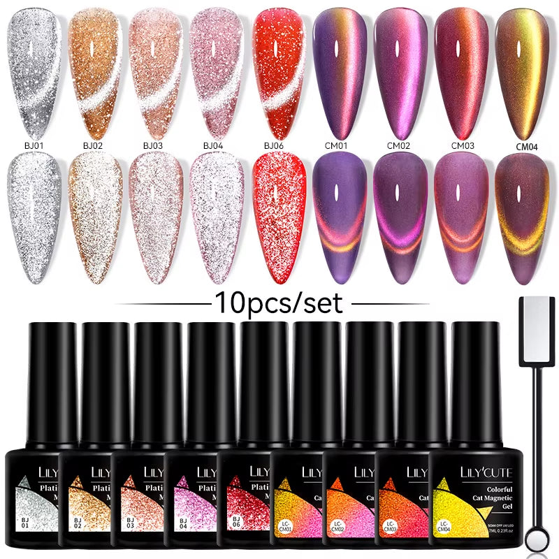 10PCS/SET Gel Nail Polish 9D Reflective Glitter Cat Magnetic Gel Set with Magnetic Stick Soak off Nail Art Varnish