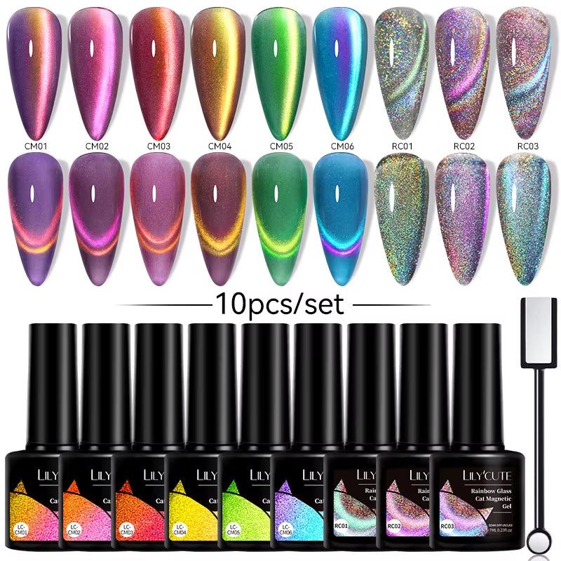 10PCS/SET Gel Nail Polish 9D Reflective Glitter Cat Magnetic Gel Set with Magnetic Stick Soak off Nail Art Varnish