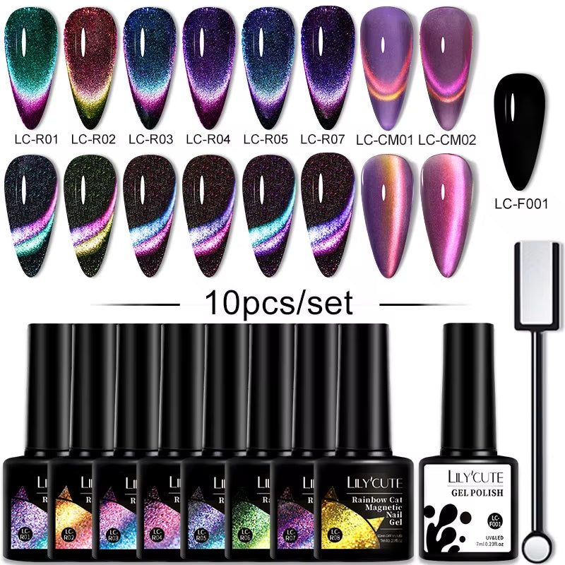10PCS/SET Gel Nail Polish 9D Reflective Glitter Cat Magnetic Gel Set with Magnetic Stick Soak off Nail Art Varnish