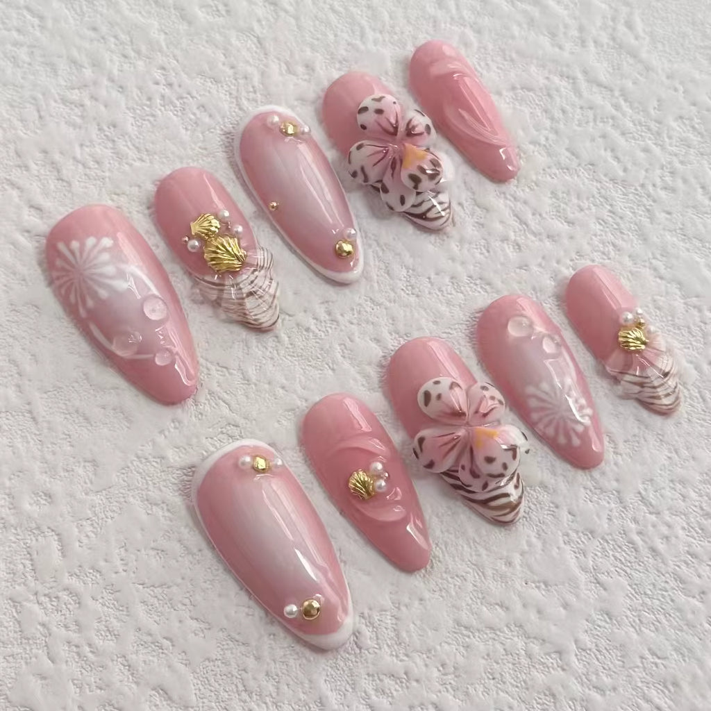 10 Pcs Press on Nails Handmade Nials INS Y2K Best Seller Fake Nails with Nails File Pink 3D Flower Press on New