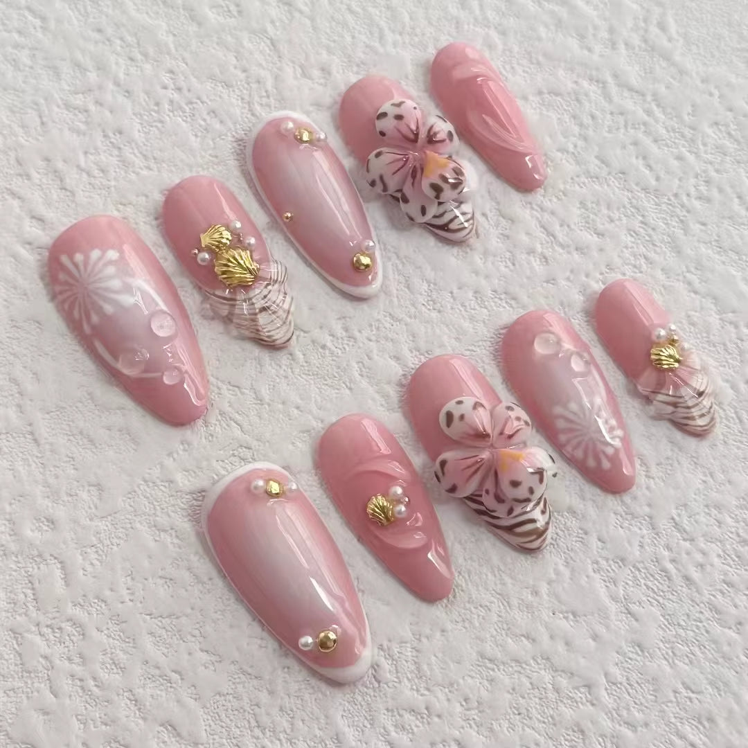 10 Pcs Press on Nails Handmade Nials INS Y2K Best Seller Fake Nails with Nails File Pink 3D Flower Press on New
