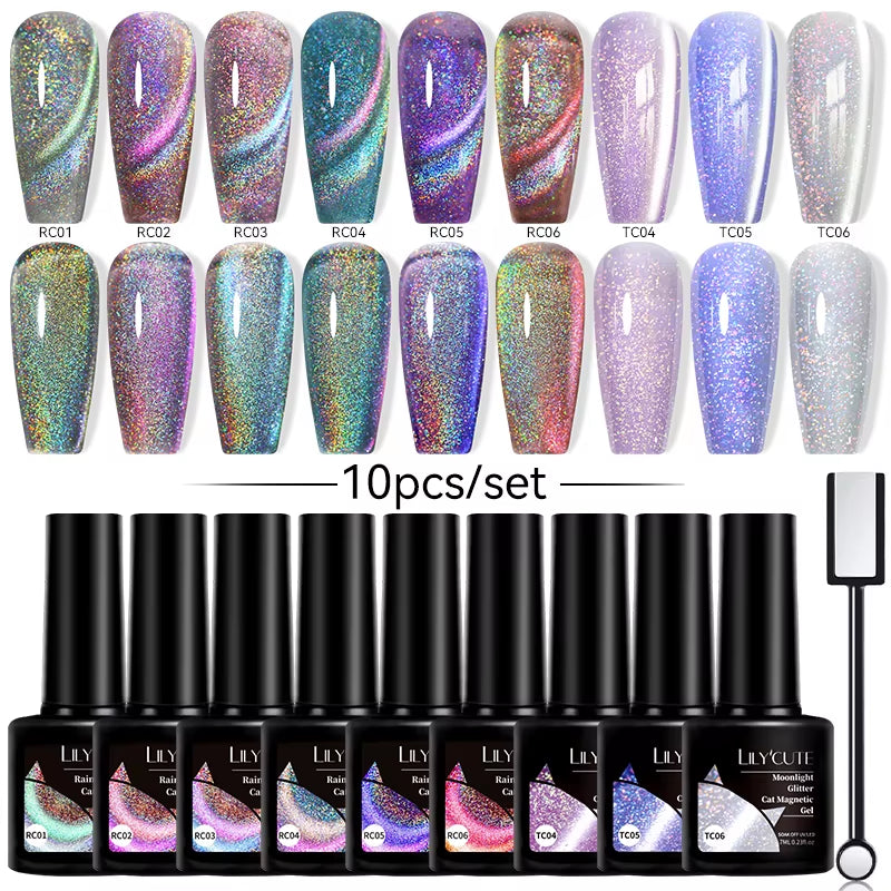 10PCS/SET Gel Nail Polish 9D Reflective Glitter Cat Magnetic Gel Set with Magnetic Stick Soak off Nail Art Varnish