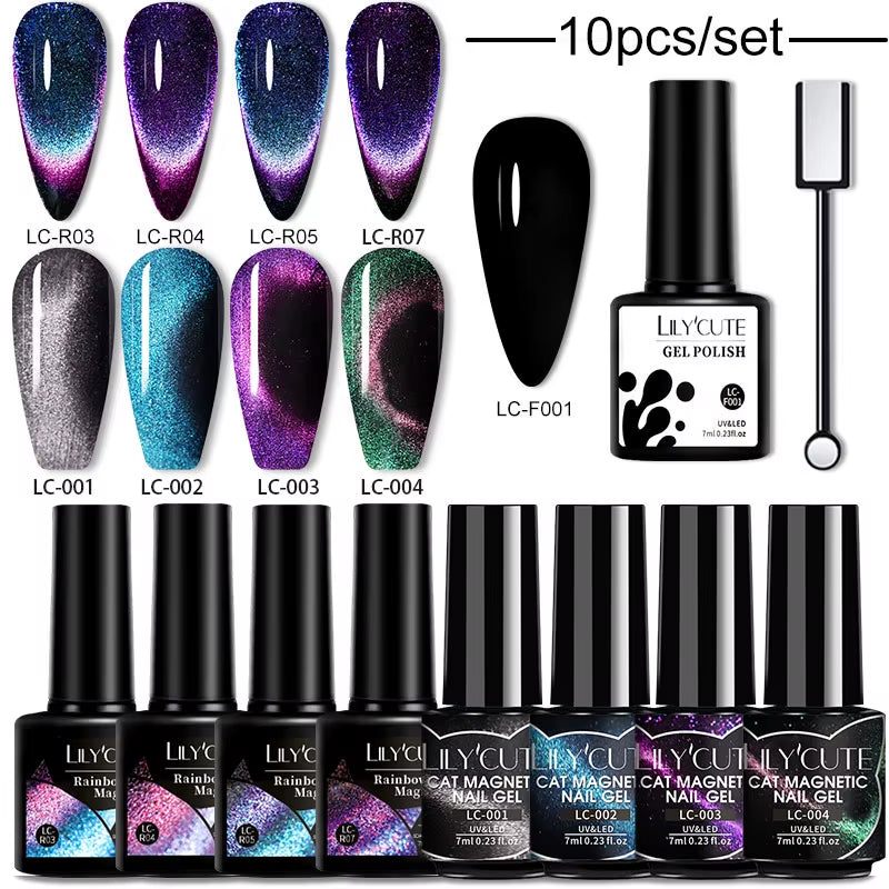 10PCS/SET Gel Nail Polish 9D Reflective Glitter Cat Magnetic Gel Set with Magnetic Stick Soak off Nail Art Varnish