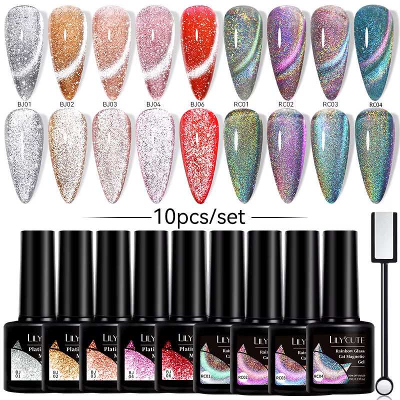 10PCS/SET Gel Nail Polish 9D Reflective Glitter Cat Magnetic Gel Set with Magnetic Stick Soak off Nail Art Varnish