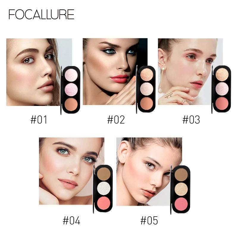 Wholesale Blusher&Highlighter Palette 3 Colors Luxury Face Contour Bronzer Makeup Set Soft Ultra Fine Powder Blusher