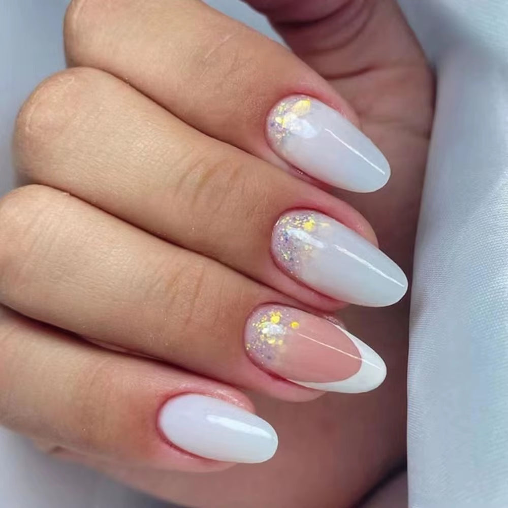 24Pcs Simple Long Almond Fake Nails White French Press on Nails Full Cover Detachable Nail Tips Manicure
