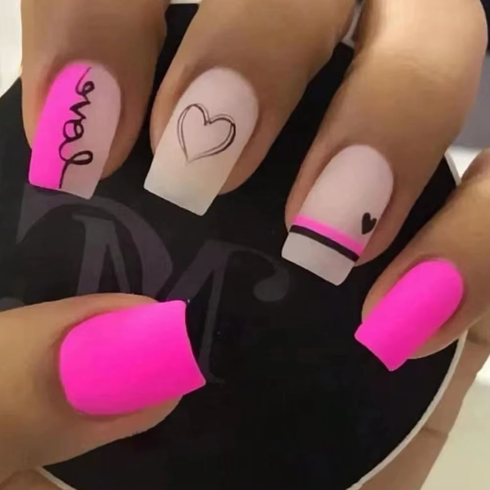 ARTAUG 24PCS Medium Stiletto Pink Press on Nails Full Cover Fake Nail Set Press on Nails Love Design Handmade Press on Nails