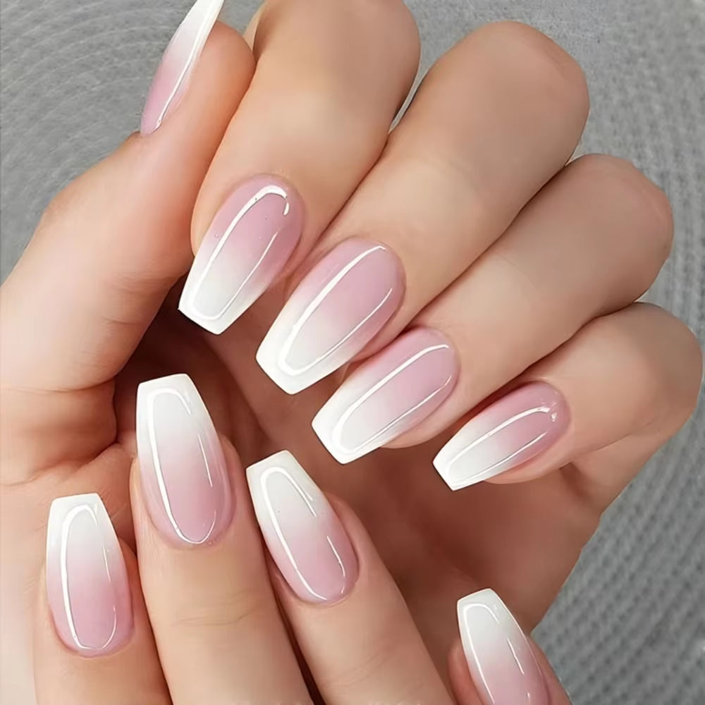 24Pcs Gradient Fake Nails French Ballerina Nail Waterproof Faux Medium Coffin False Nails Fingernails Press on Nails Tips