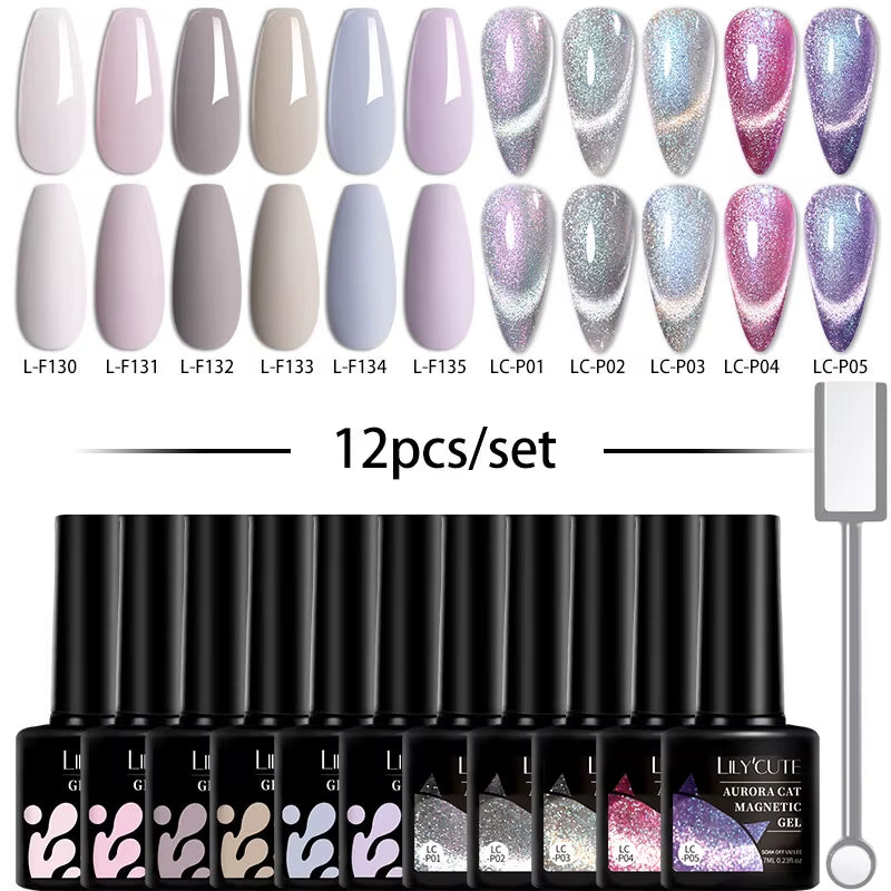 10PCS/SET Gel Nail Polish 9D Reflective Glitter Cat Magnetic Gel Set with Magnetic Stick Soak off Nail Art Varnish