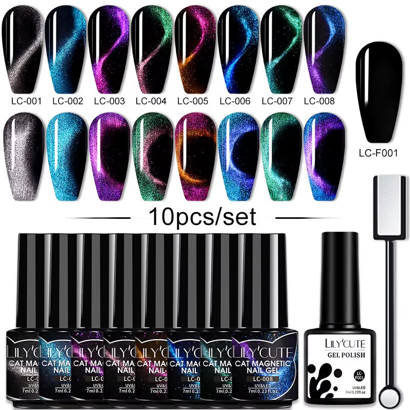 10PCS/SET Gel Nail Polish 9D Reflective Glitter Cat Magnetic Gel Set with Magnetic Stick Soak off Nail Art Varnish