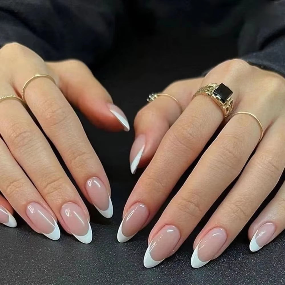 24Pcs Simple Long Almond Fake Nails White French Press on Nails Full Cover Detachable Nail Tips Manicure