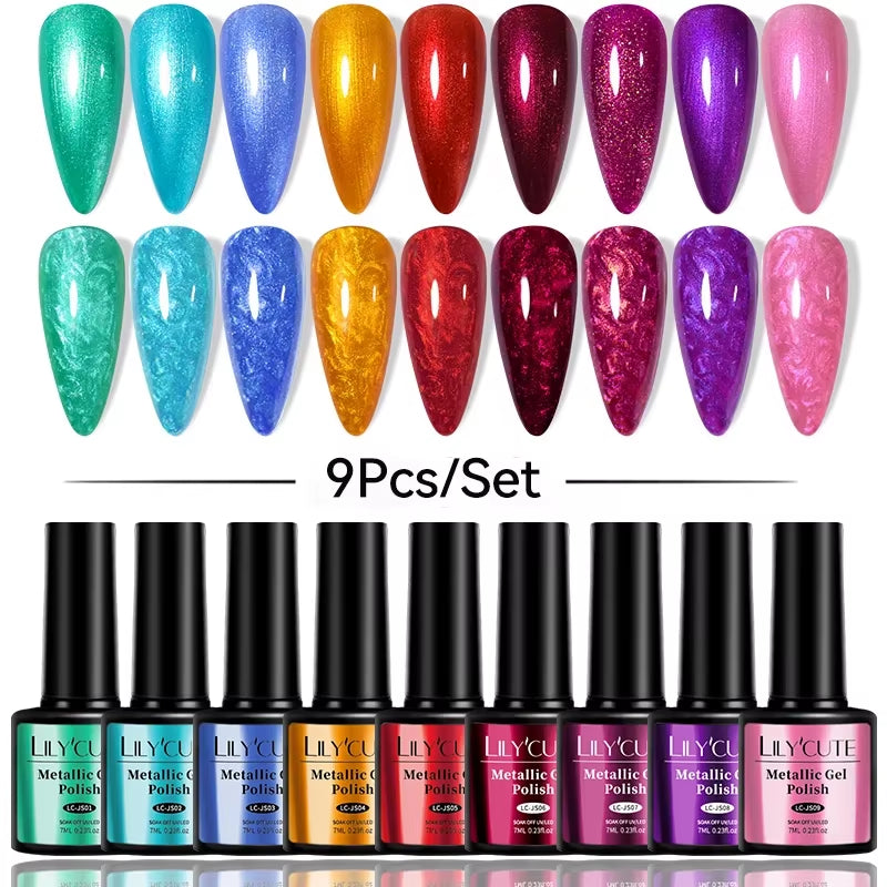 10PCS/SET Gel Nail Polish 9D Reflective Glitter Cat Magnetic Gel Set with Magnetic Stick Soak off Nail Art Varnish