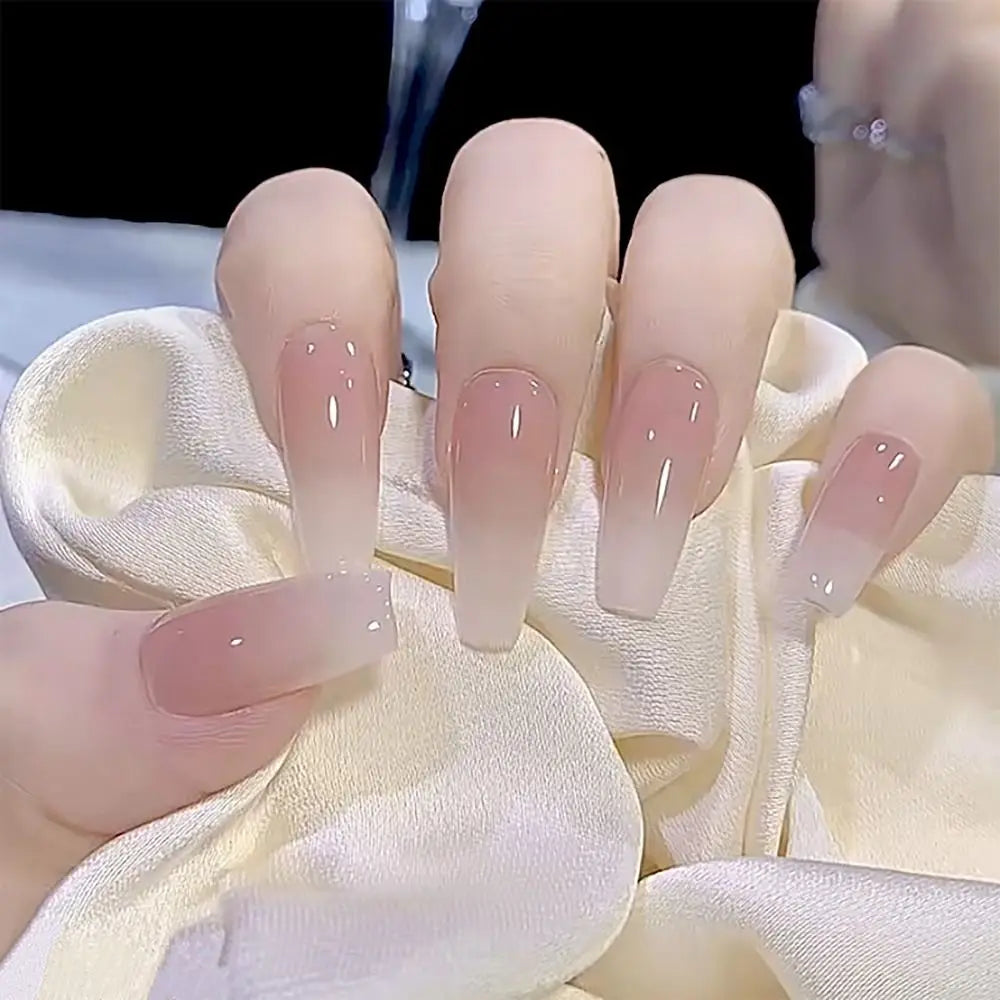 24Pcs Gradient Fake Nails French Ballerina Nail Waterproof Faux Medium Coffin False Nails Fingernails Press on Nails Tips