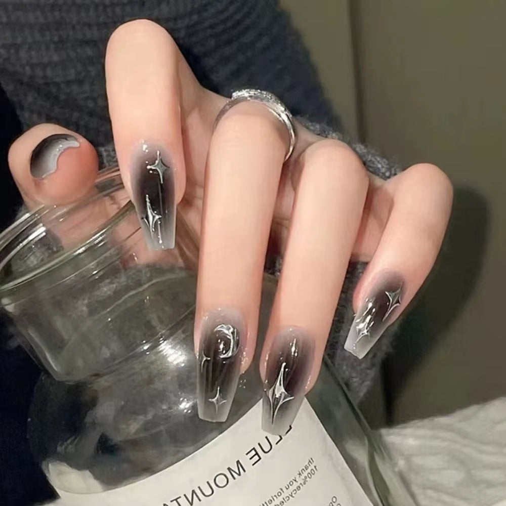 24Pcs Gradient Fake Nails French Ballerina Nail Waterproof Faux Medium Coffin False Nails Fingernails Press on Nails Tips