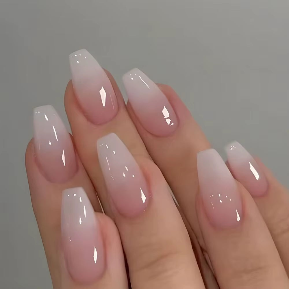 24Pcs Gradient Fake Nails French Ballerina Nail Waterproof Faux Medium Coffin False Nails Fingernails Press on Nails Tips