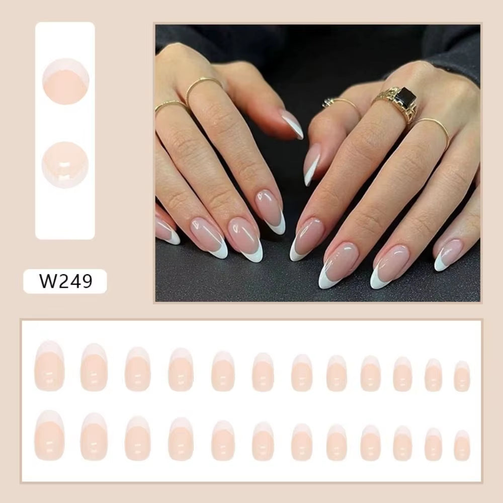24Pcs Simple Long Almond Fake Nails White French Press on Nails Full Cover Detachable Nail Tips Manicure