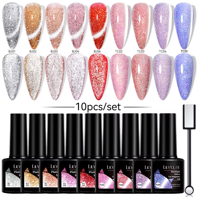 10PCS/SET Gel Nail Polish 9D Reflective Glitter Cat Magnetic Gel Set with Magnetic Stick Soak off Nail Art Varnish