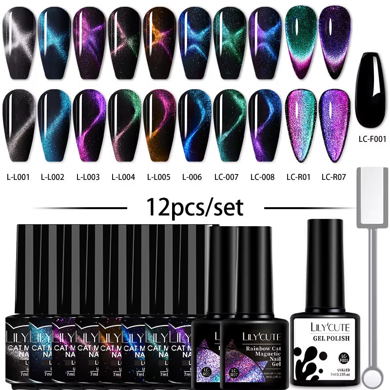 10PCS/SET Gel Nail Polish 9D Reflective Glitter Cat Magnetic Gel Set with Magnetic Stick Soak off Nail Art Varnish