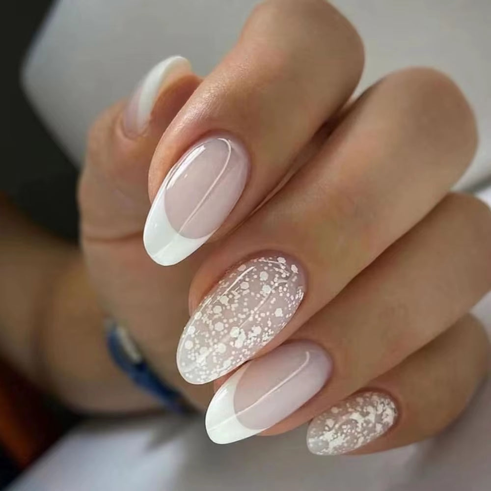 24Pcs Simple Long Almond Fake Nails White French Press on Nails Full Cover Detachable Nail Tips Manicure